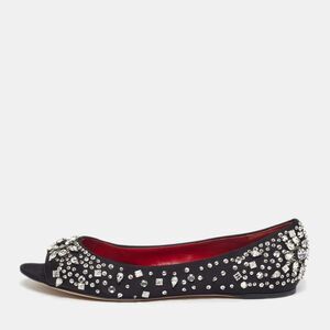 Moschino Size 40 Black Satin Crystal Embellished Open Toe Ballet Flats